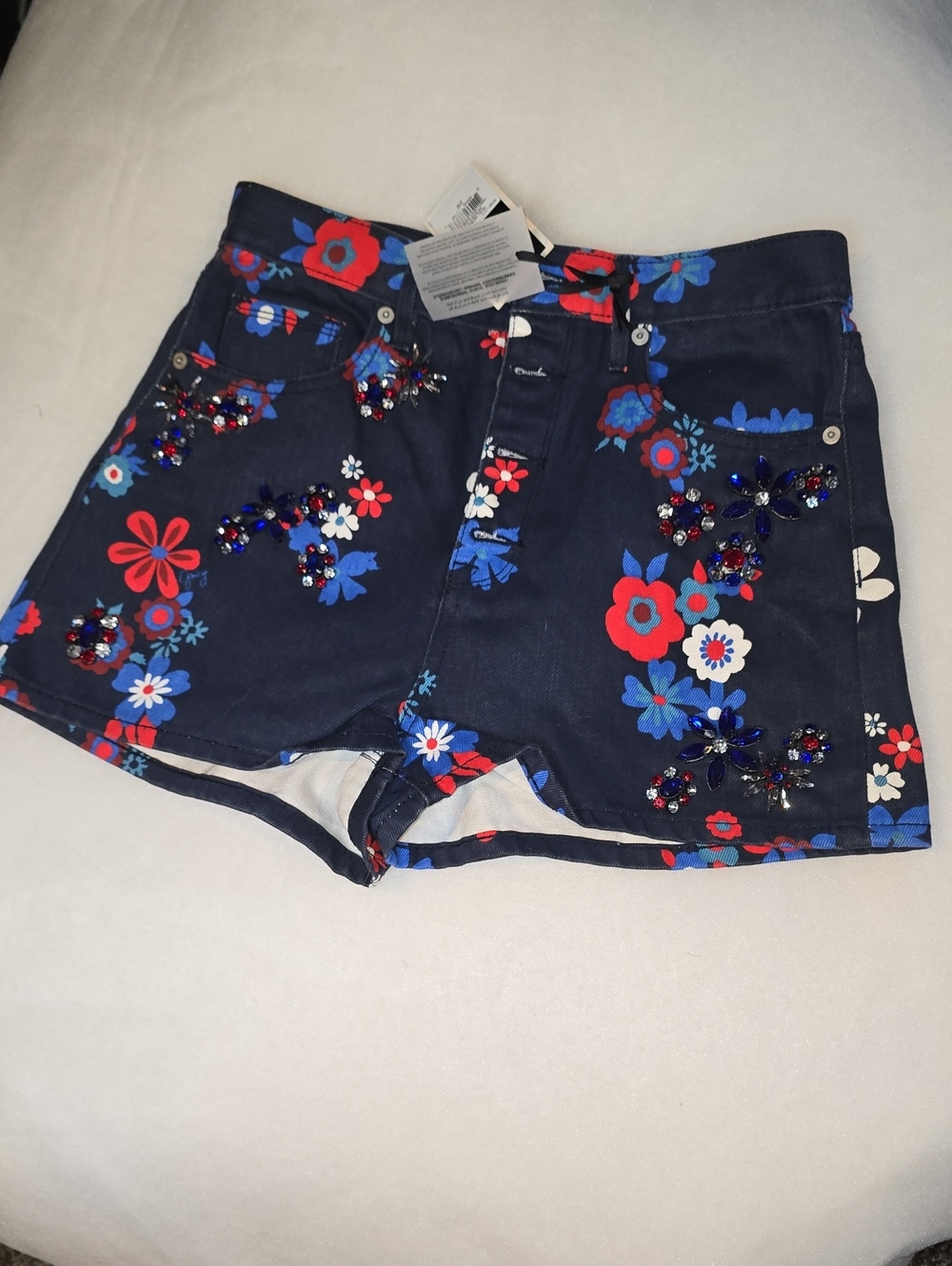 Juicy Couture Navy Floral Jean Shorts with Red & Blue Accents